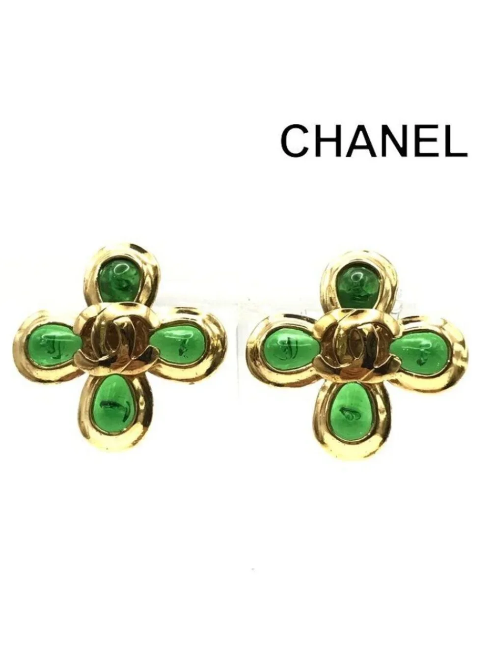 Chanel 97P CC Logo Gripoix Color Stone Earrings Gold